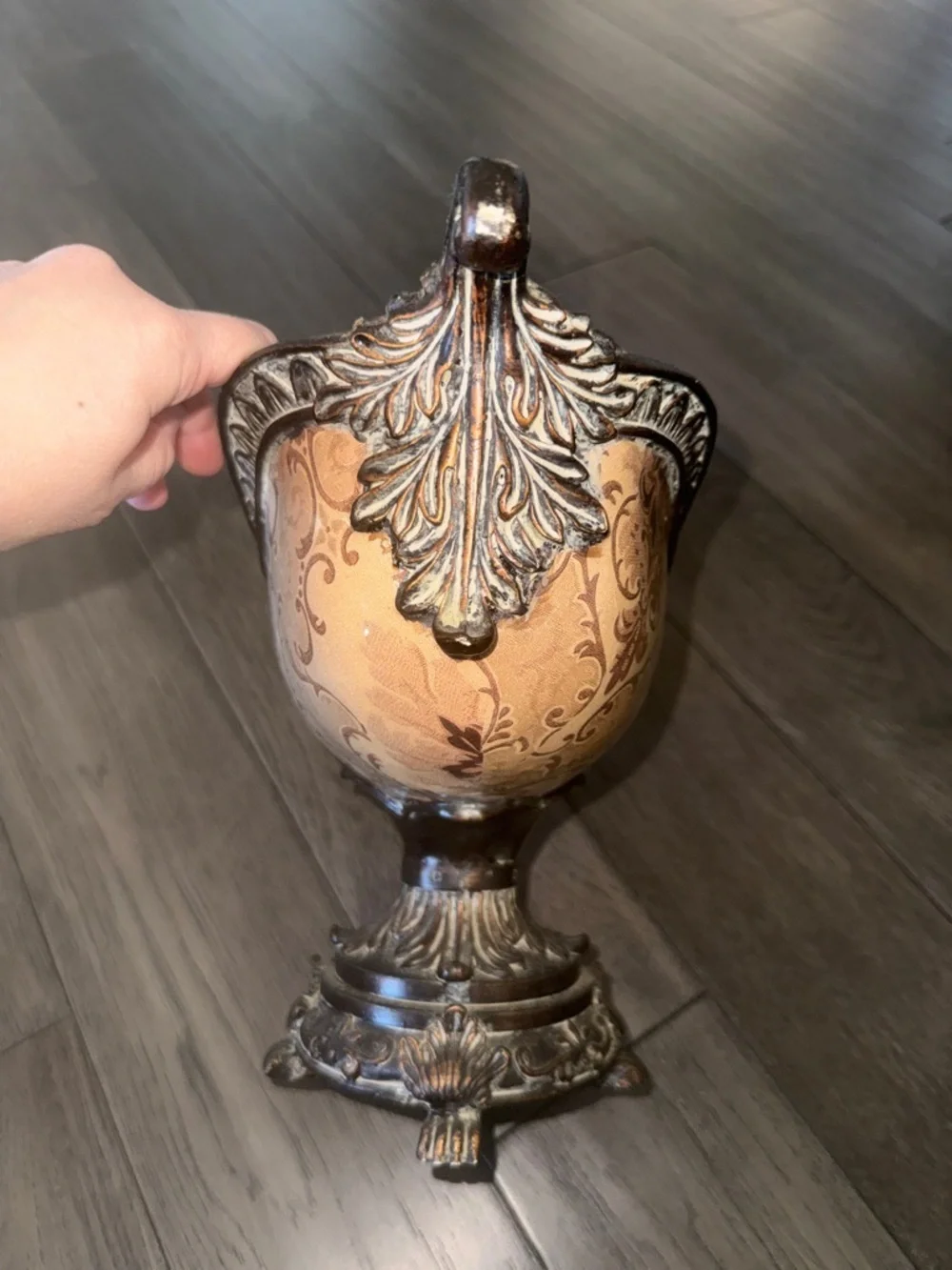 Ornate Decorative Pedestal Bowl - tan and Antique like brown